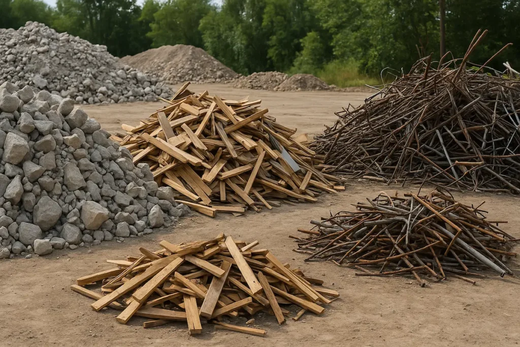 Longgokan konkrit, kayu dan logam yang telah diasingkan di pusat kitar semula untuk digunakan semula.