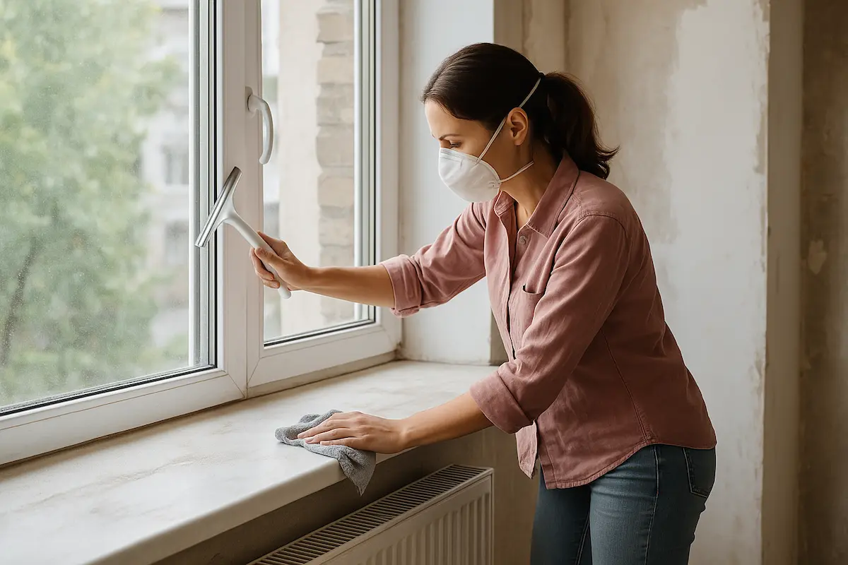 Woman wearing a dust mask wiping and squeegeeing window glass and frame to remove fine dust after renovation.