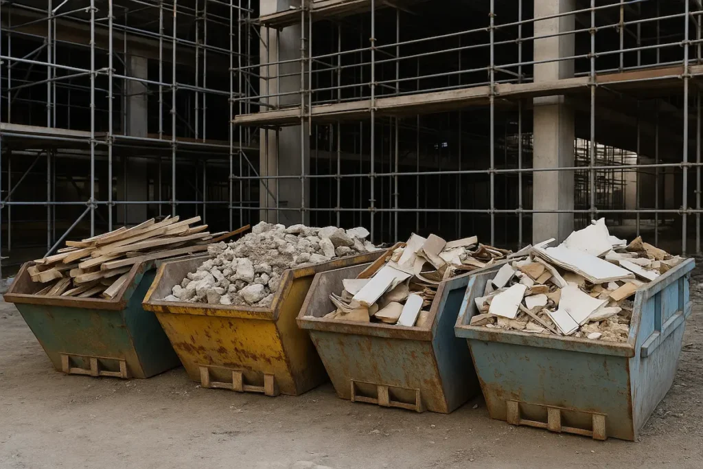 Construction site with RORO bins filled with mixed debris such as wood, concrete, and plaster under scaffolding