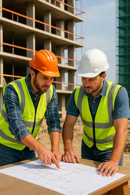 Two engineers reviewing construction blueprints at a clean building site with scaffolding in the background.