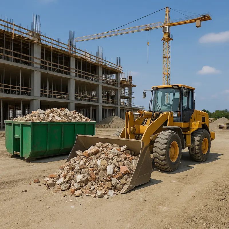 Wheel loader moving construction debris beside a green dumpster with cranes and scaffolding in background.
