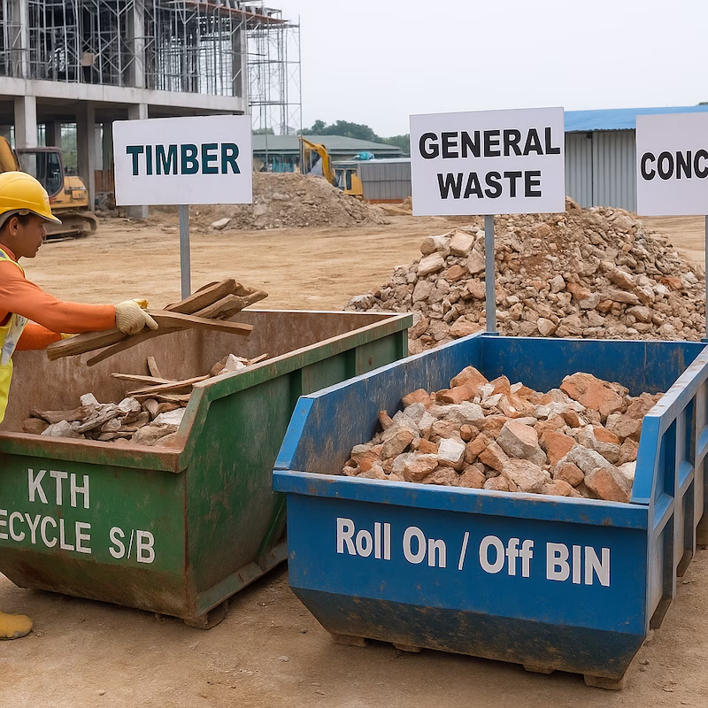Workers sorting construction debris into RORO bins labeled for timber, concrete, and general waste.