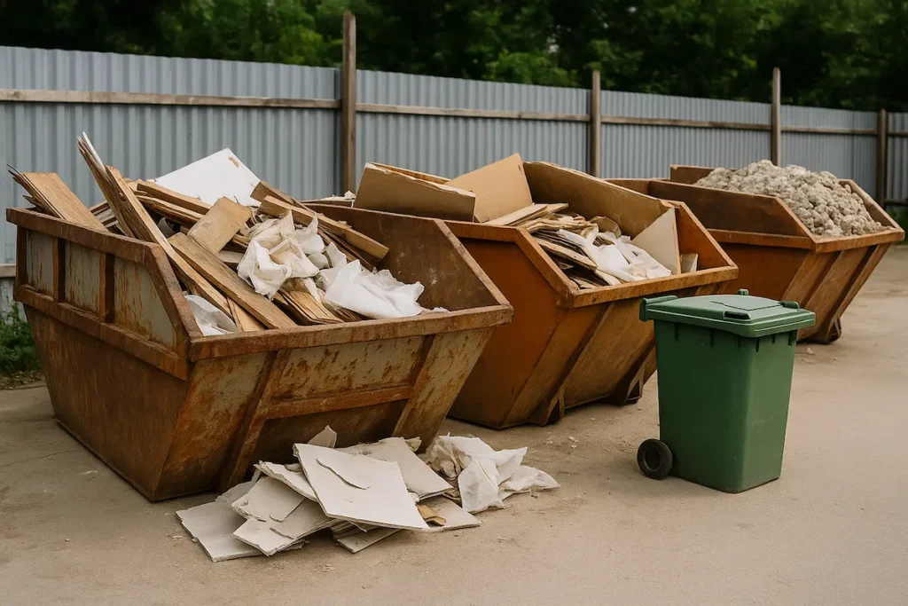 A realistic construction site in Malaysia with labeled bins for wood, rubble, and recyclable waste under bright daylight.