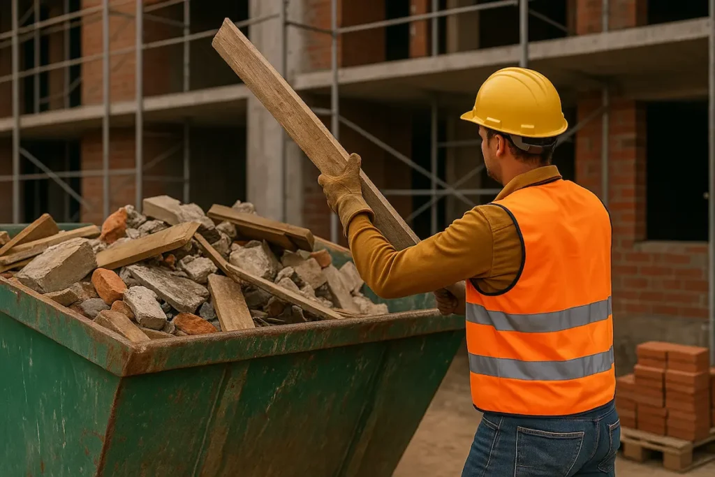 Worker disposing of construction waste into a green RORO bin at a job site.