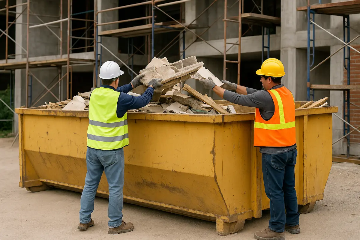 Contractors wearing safety vests loading mixed construction debris into proper RORO bins on site.