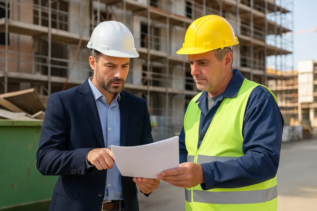 Contractor and waste management worker discussing waste collection schedule at construction site