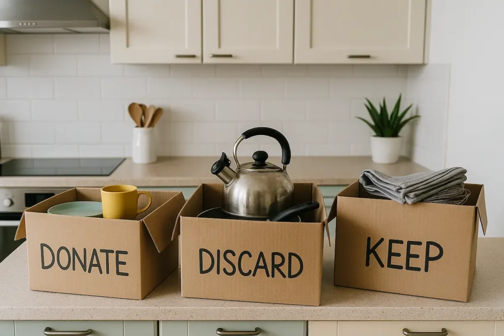 Neatly labeled storage boxes stacked in a bright home, ready for renovation preparation