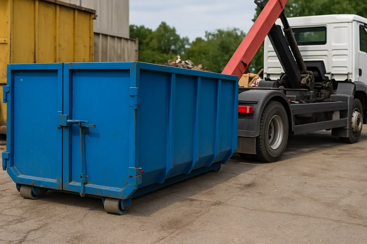 Lori RORO sedang menukar tong sisa logam besar di kawasan kilang bagi memastikan aliran kerja berterusan.