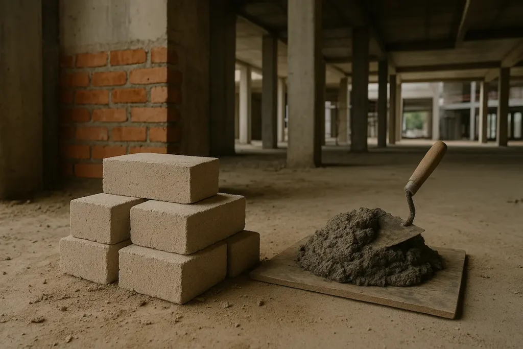 Neatly stacked construction materials and tools inside a partially built structure.