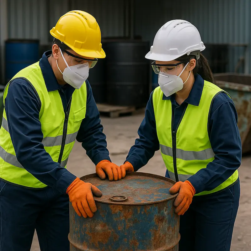 Pekerja kilang memakai PPE semasa mengendalikan tong logam berat di tapak industri.