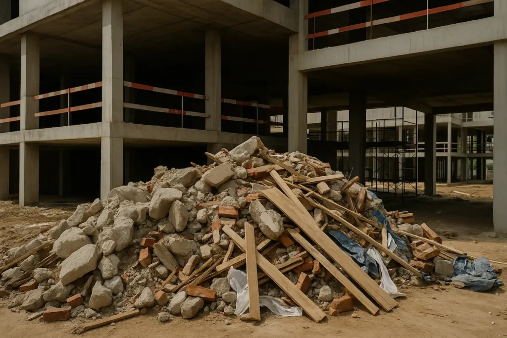 Longgokan sisa pembinaan seperti konkrit, kayu dan bata di tapak bangunan yang belum siap.