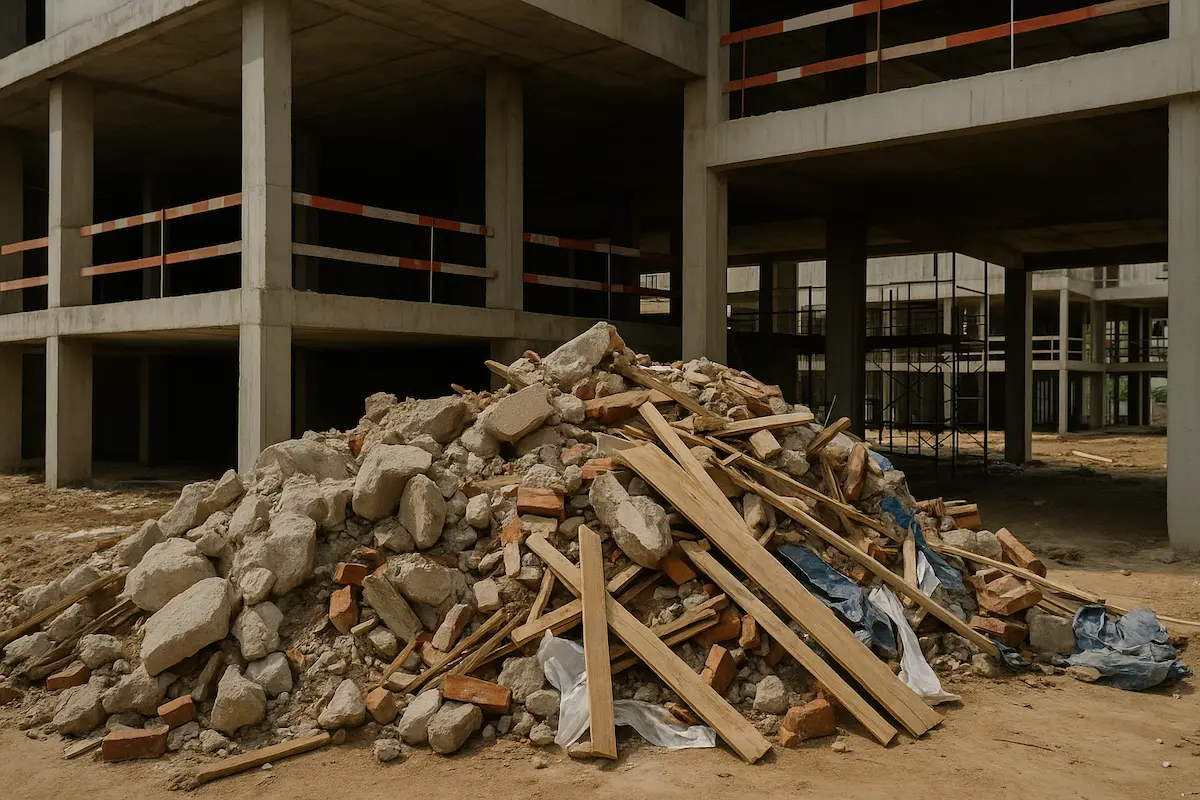 Longgokan sisa pembinaan seperti konkrit, kayu dan bata di tapak bangunan yang belum siap.