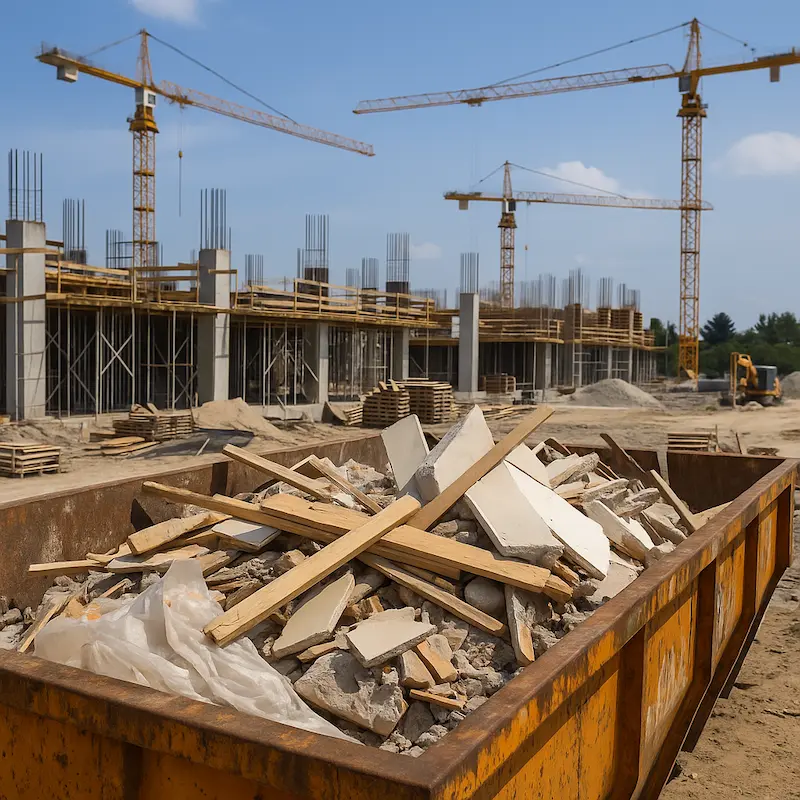 Tapak pembinaan dengan pengasingan sisa menggunakan tong RORO dan kren di latar belakang.