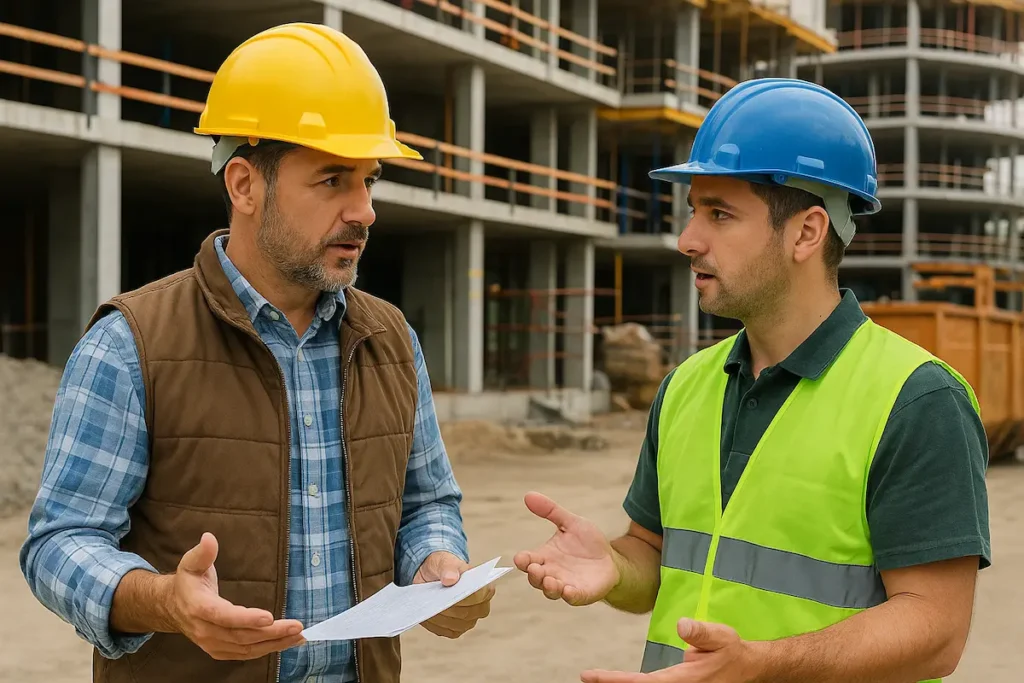 Kontraktor dan pekerja pengurusan sisa berbincang jadual pengumpulan sisa di tapak pembinaan