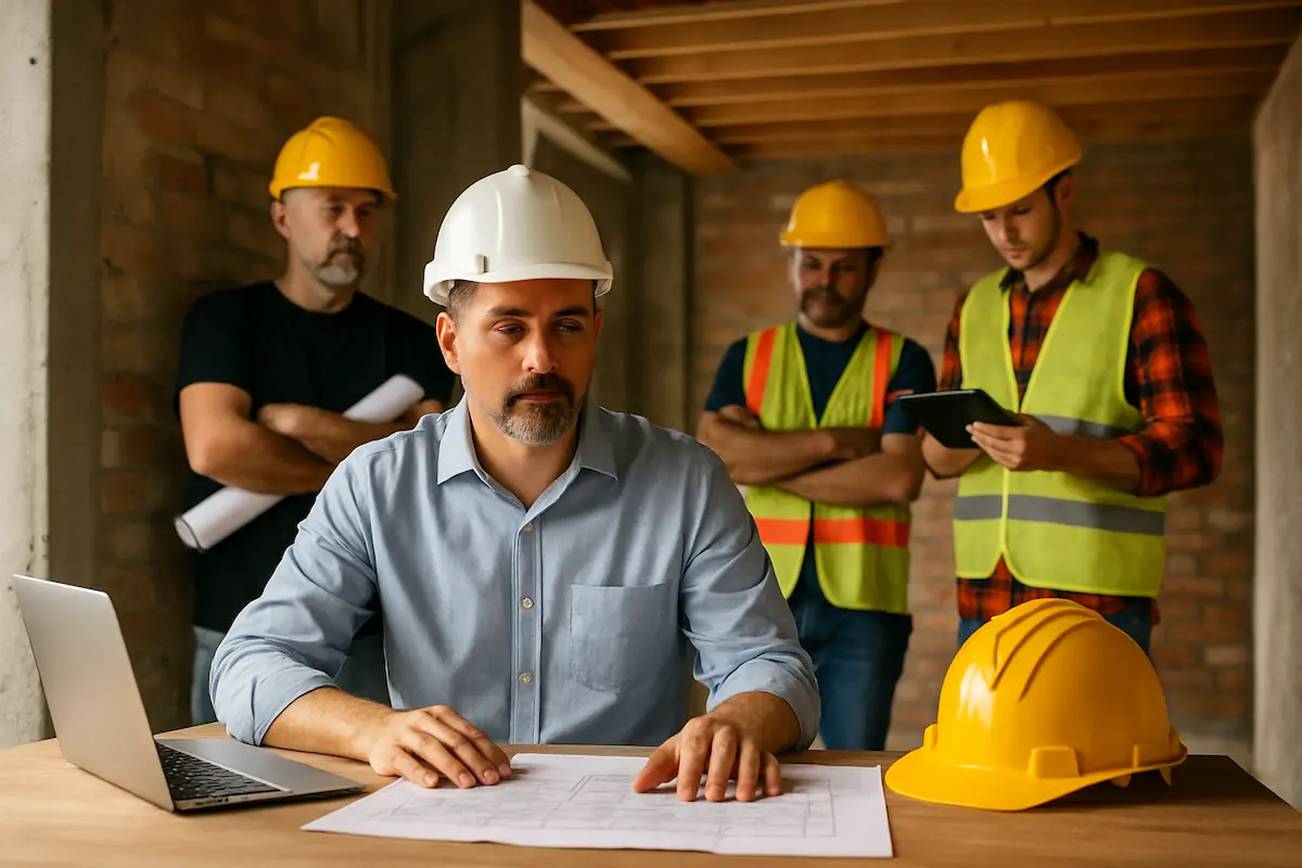 Small construction contractor reviewing project schedule with workers at site