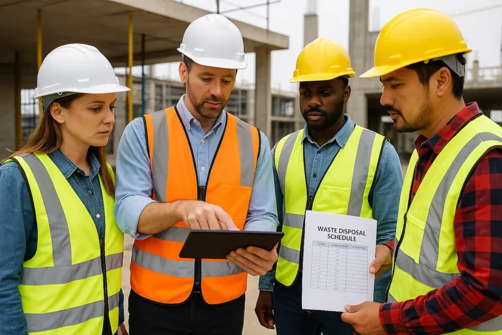 Construction project manager and team reviewing waste disposal schedule using a tablet and printed plan at a building site.