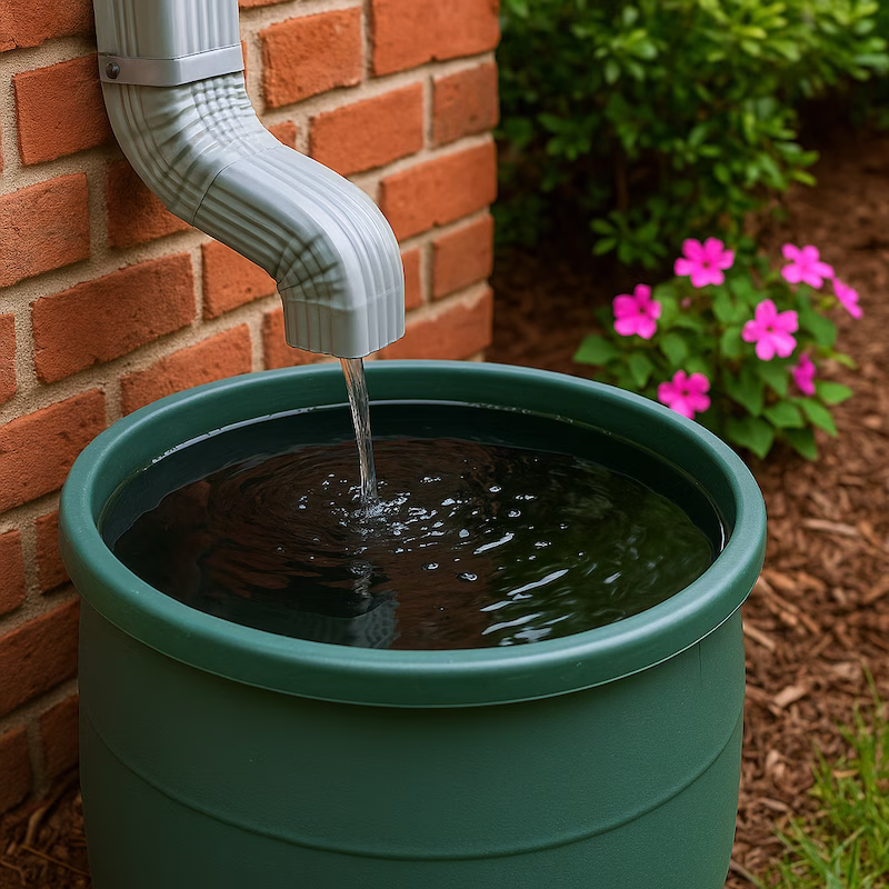A rain barrel collecting water from a roof gutter beside a garden with flowers and mulch.