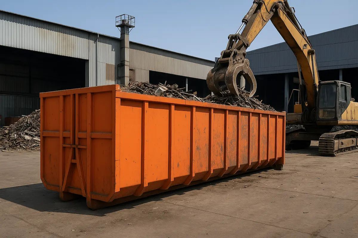 Tong RORO oren 30 tan sedang dimuatkan dengan besi buruk menggunakan jentera penggali di kilang perindustrian berat