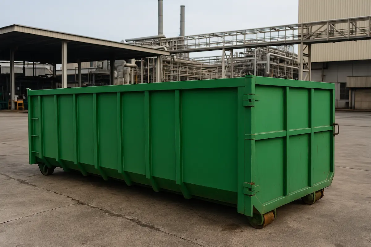 RORO bin industri berhampiran loji dengan paip dan cerobong di latar belakang.