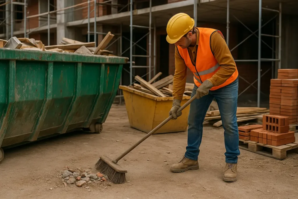 Pekerja pembinaan sedang menyapu sisa di tapak yang bersih dan teratur dengan tong RORO di latar belakang.