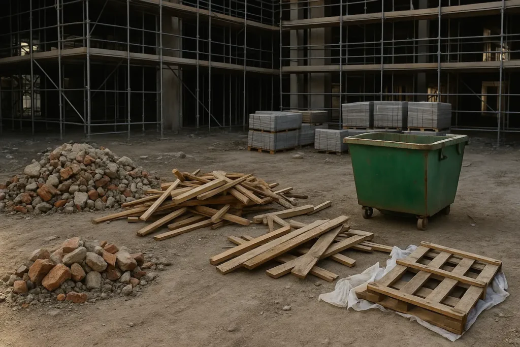 Piles of recyclable materials like wood, bricks, and metal beside a green waste bin at a construction site