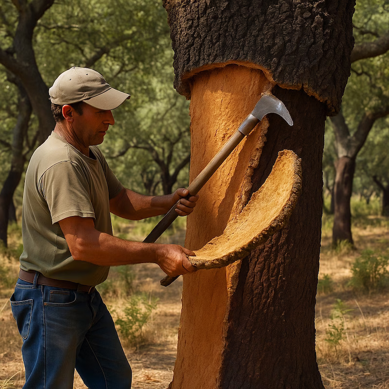A Portuguese worker harvesting cork bark from a cork oak tree in Alentejo forest under warm daylight.