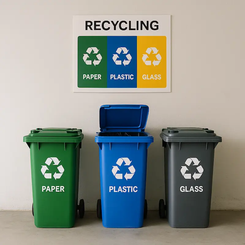 organized recycling station with labeled bins for paper, plastic, and glass under bright indoor lighting