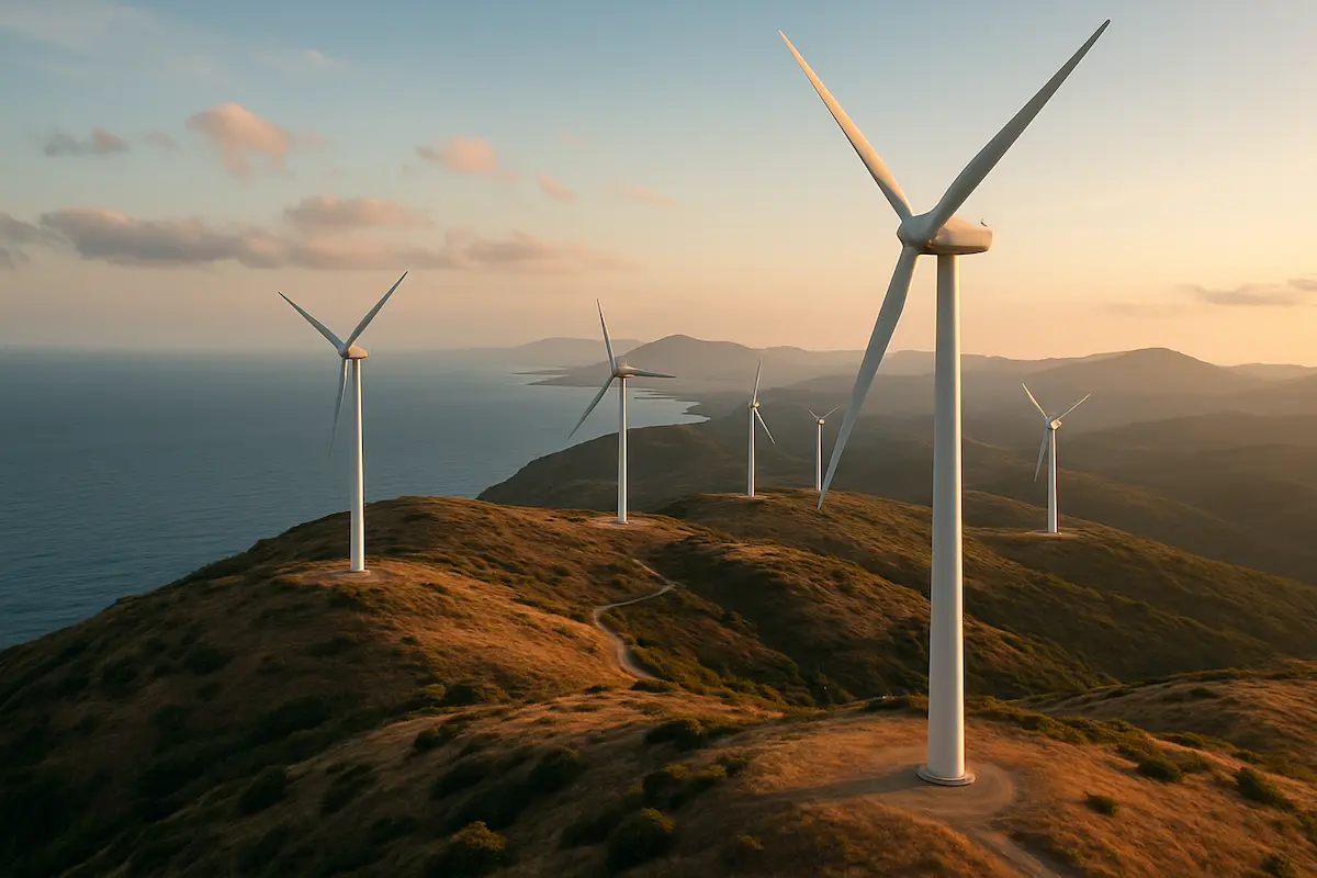Wind turbines on grassy coastal hills overlooking the ocean at sunset.