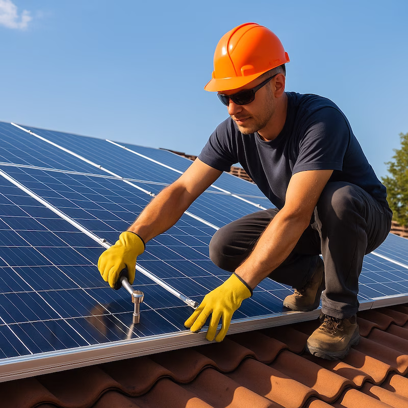 A professional installer mounting solar panels on a house roof under bright sunlight.