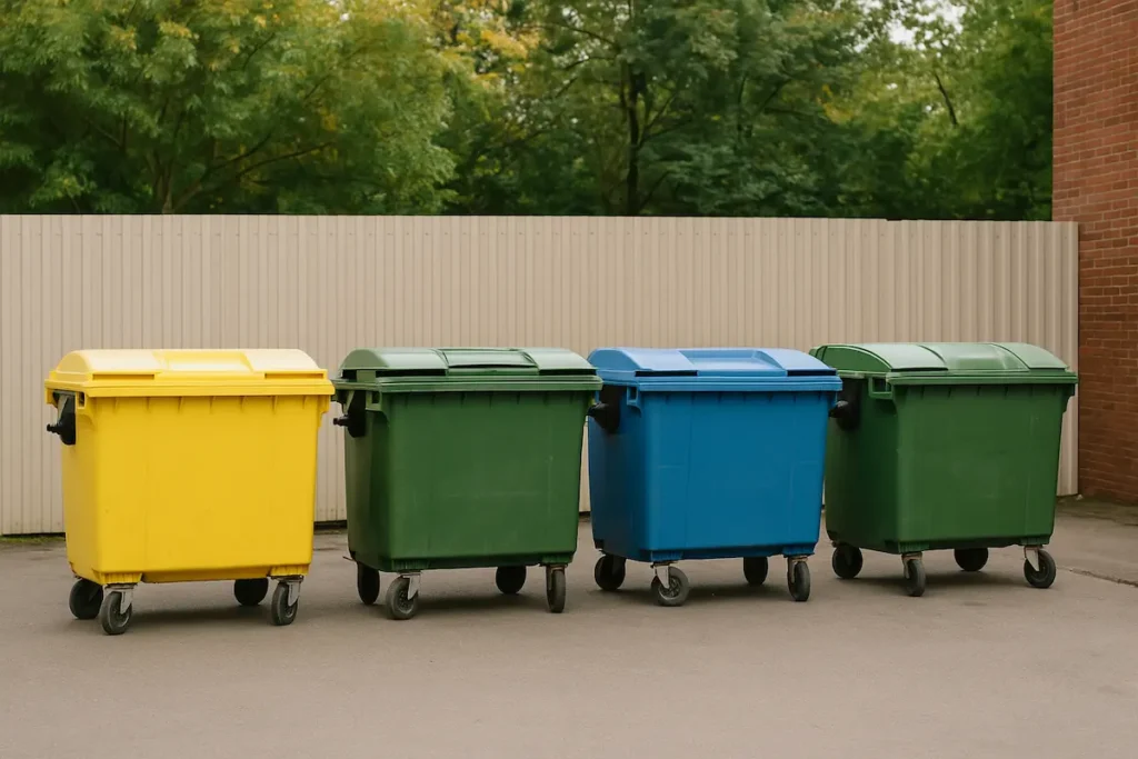 multiple color-coded industrial bins organized in a clean outdoor area for efficient waste collection