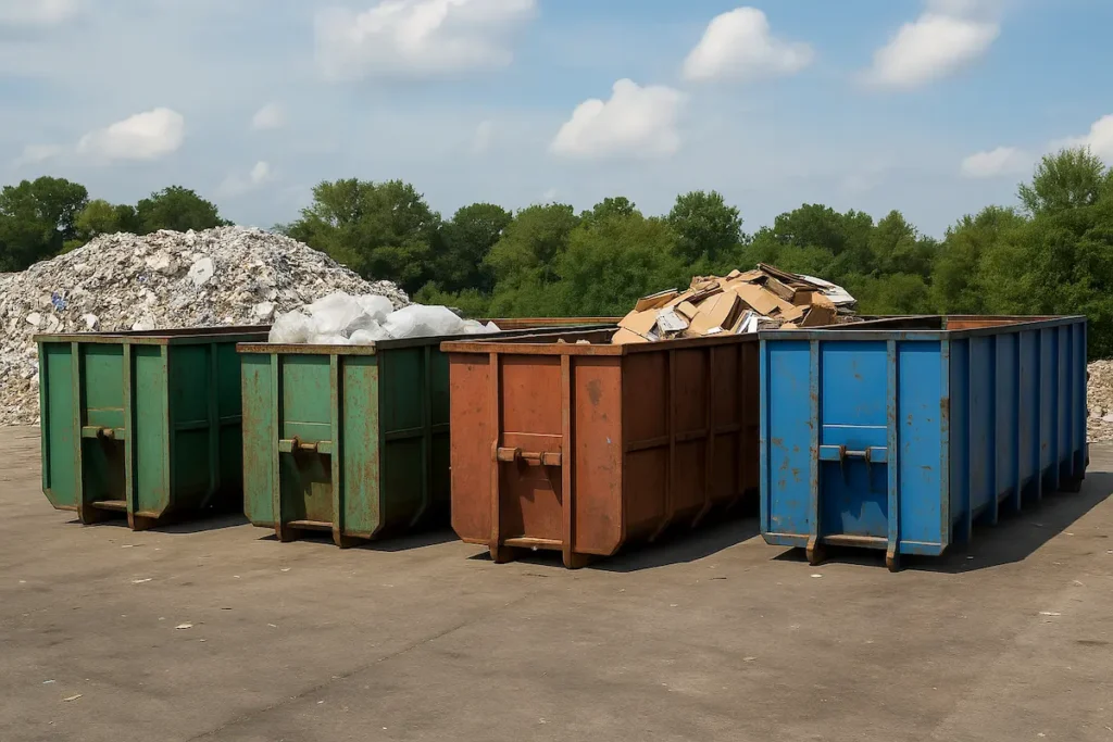 RORO bins organized in an outdoor recycling yard with sorted materials like cardboard and plastics