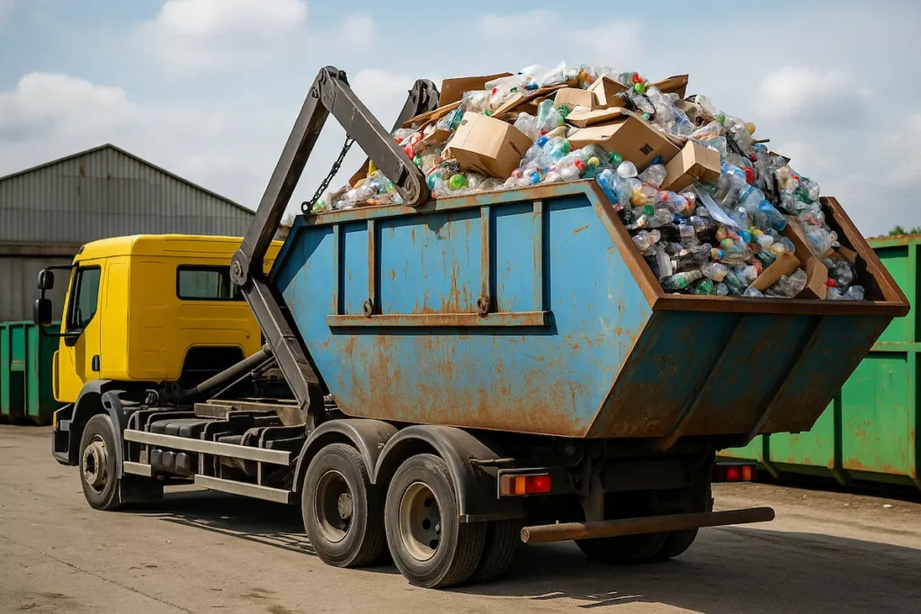 RORO truck with blue container filled with recyclables at a recycling center