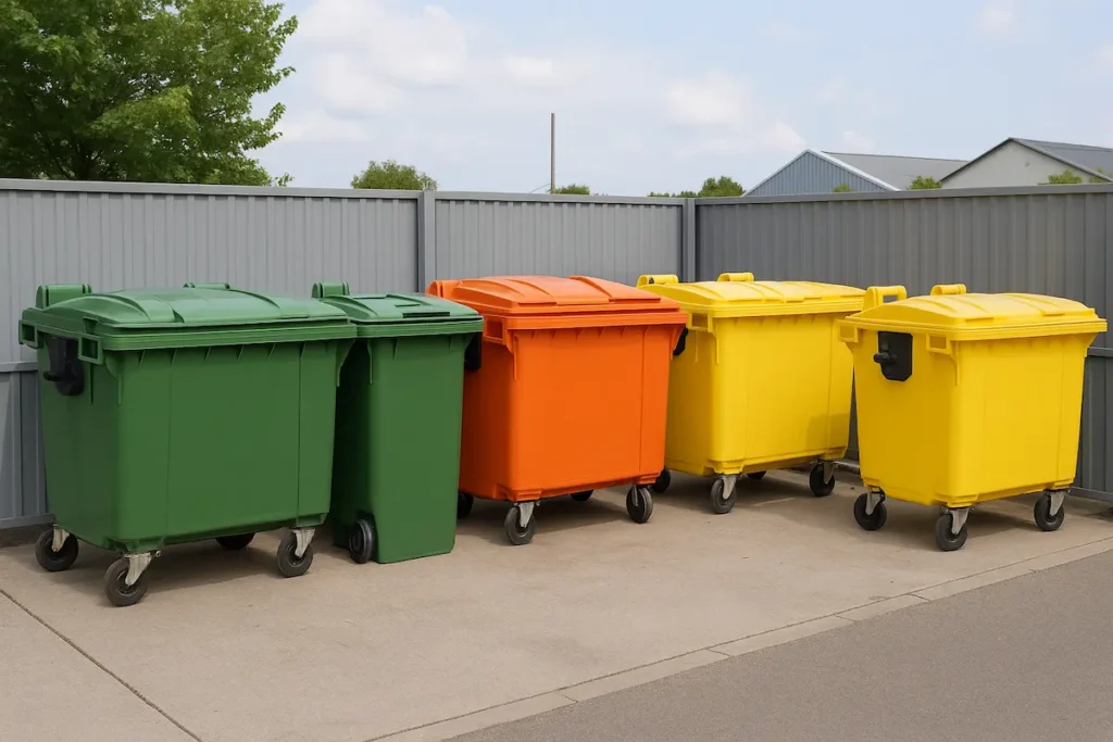 industrial waste truck with smart GPS system and colorful bins in an organized facility