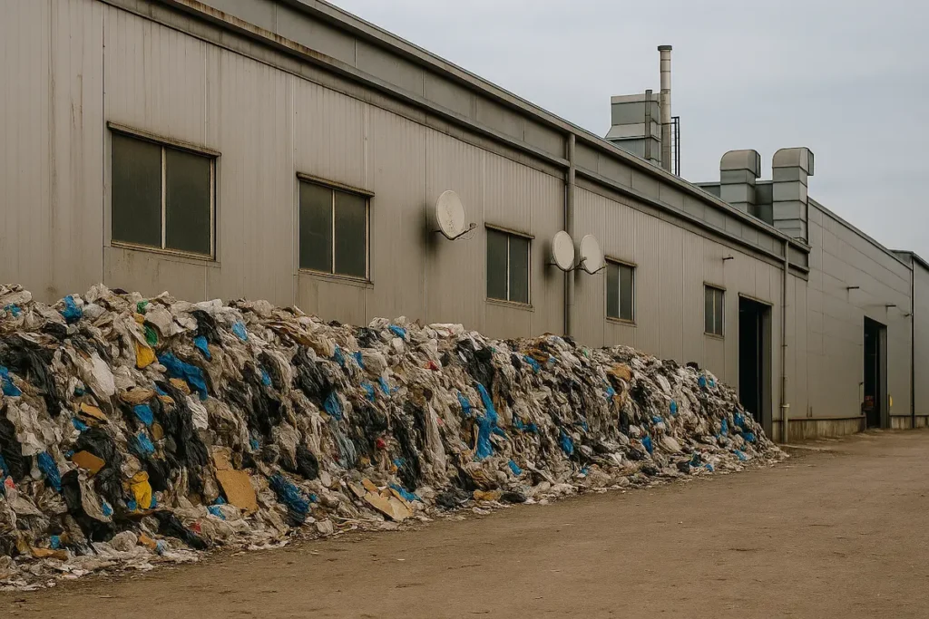 Industrial warehouse exterior with piled recyclable waste materials beside the building, illustrating waste accumulation in manufacturing operations.