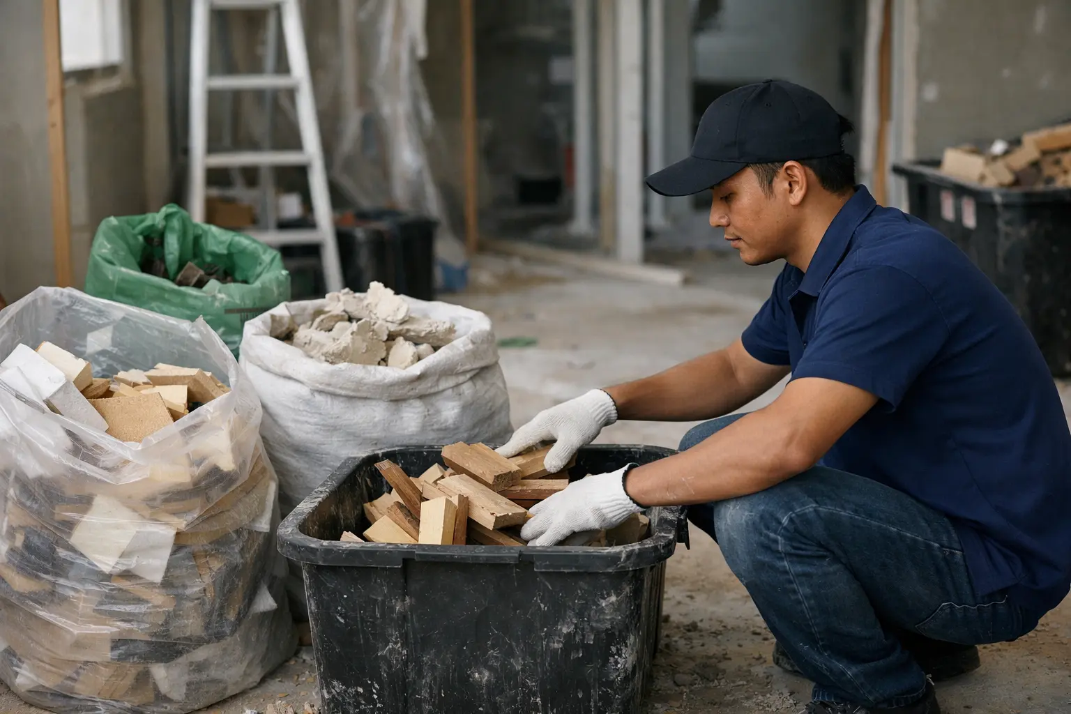 Juruteknik Melayu mengasingkan potongan kayu ke dalam bekas semasa renovasi shoplot, dengan beg sisa berasingan disusun berdekatan untuk pengasingan lebih kemas.