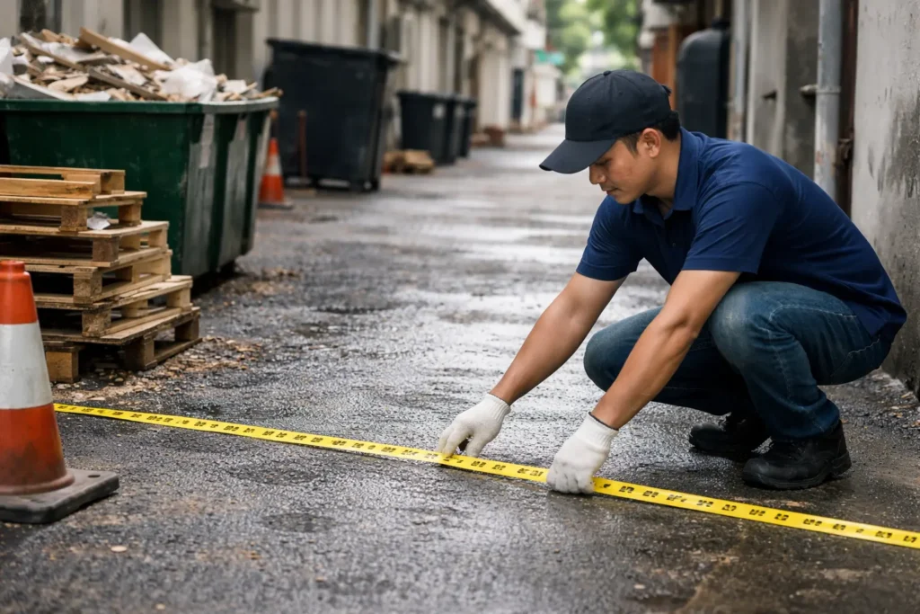 Juruteknik Melayu menanda sempadan laluan yang jelas di lorong belakang shoplot yang basah untuk kekalkan akses lori dan pejalan kaki, dengan palet dan tong disusun jauh dari koridor.